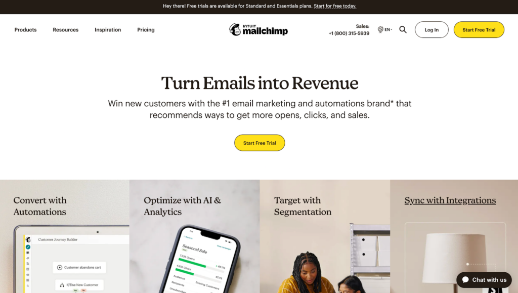 Startpagina van Mailchimp, veelzijdig e-mailbeheersysteem voor e-mailmarketing