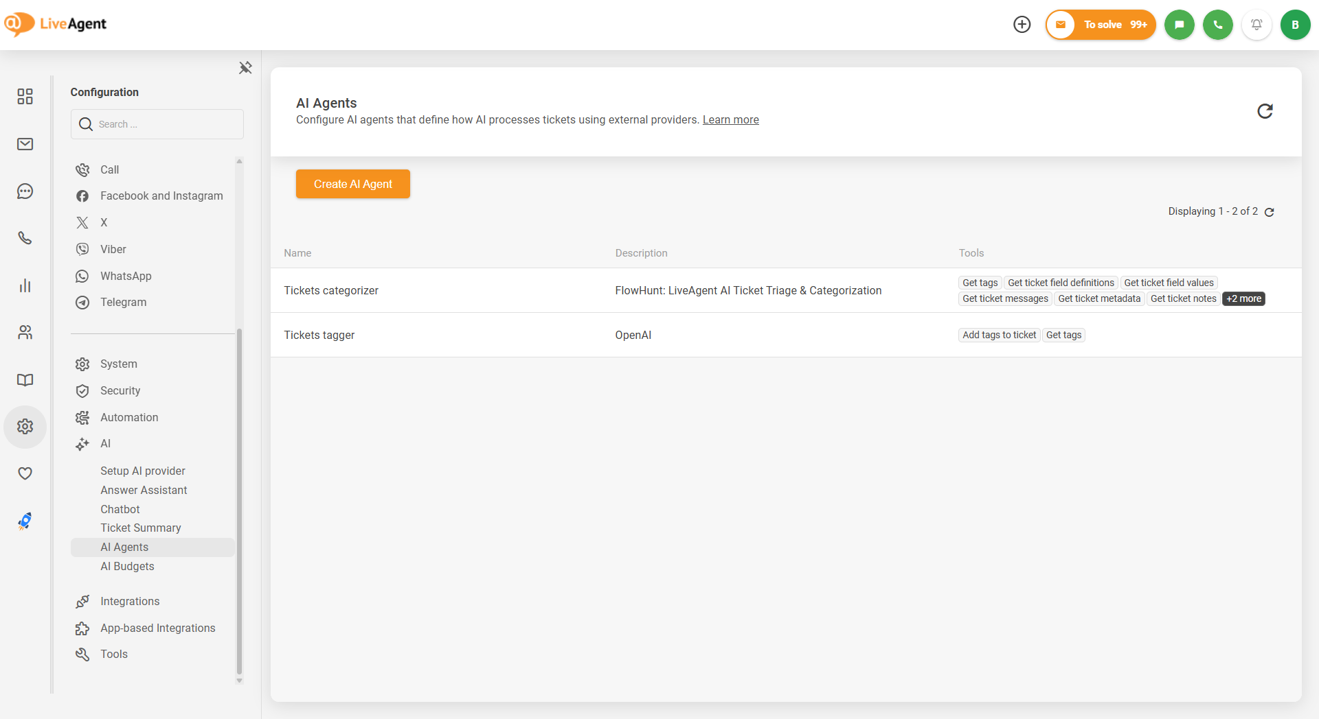 LiveAgent AI Agents-configuratiescherm met tickets categoriseren en tickets taggen agents