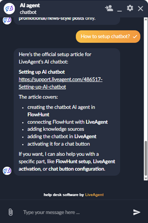 LiveAgent AI Agent-chat met markdown-ondersteuning