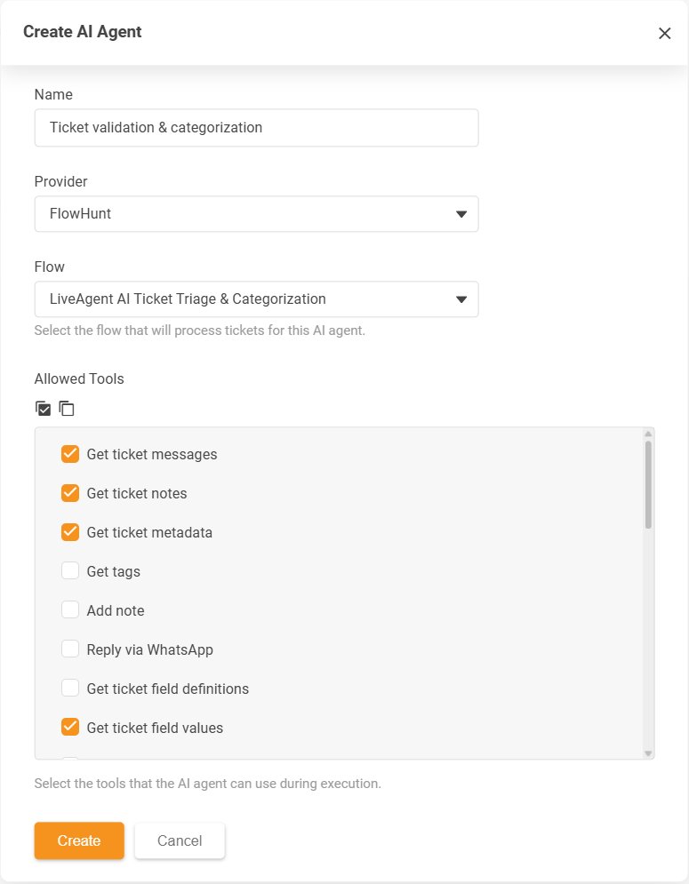 Dialoogvenster AI Agent aanmaken in LiveAgent met de lijst Toegestane tools van toegestane acties