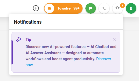 Screenshot van het nieuwe LiveAgent in-app Nieuwspaneel met meldingen en updates
