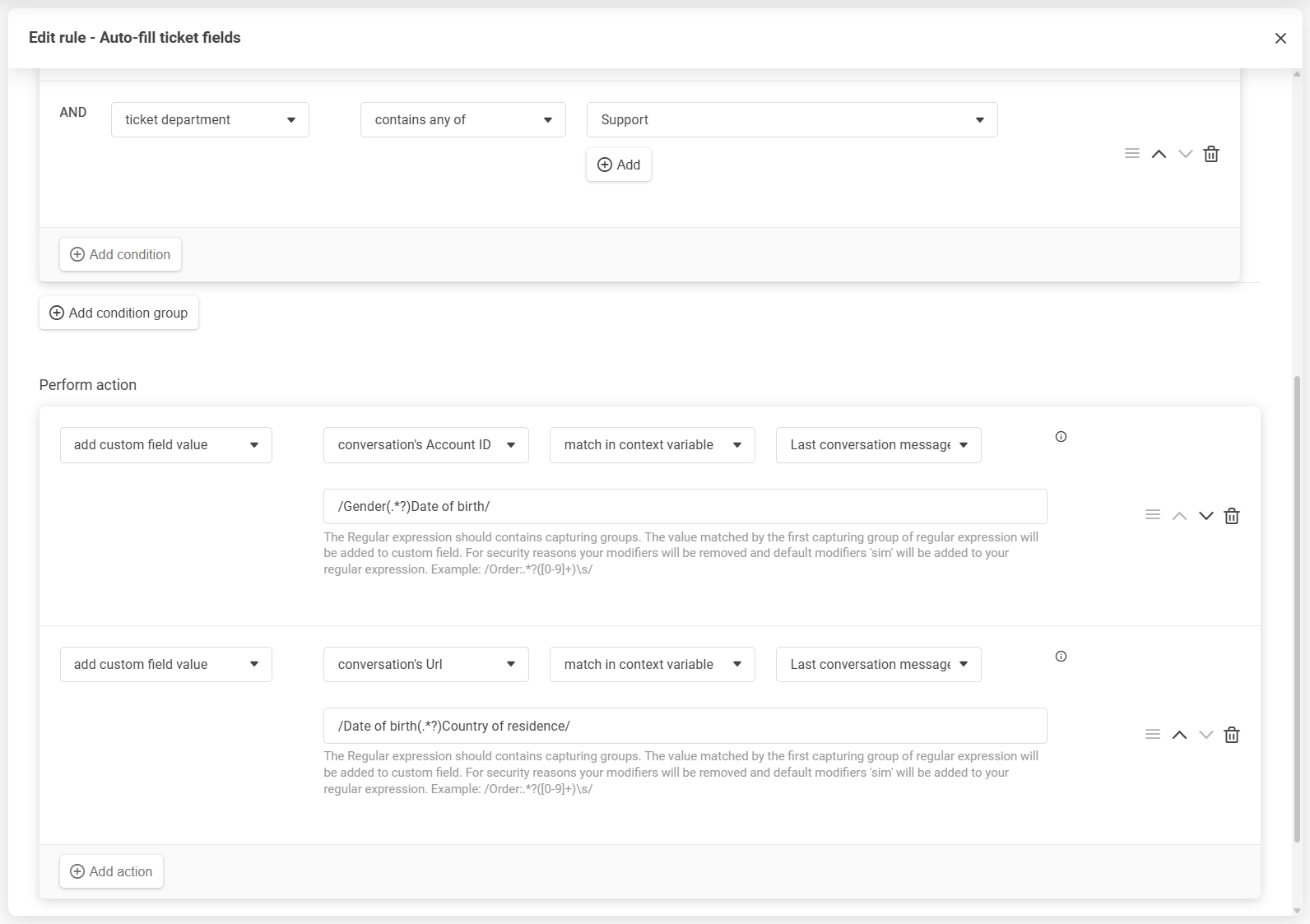 LiveAgent-regeleditor met drag-and-drop herordening van voorwaarden en acties