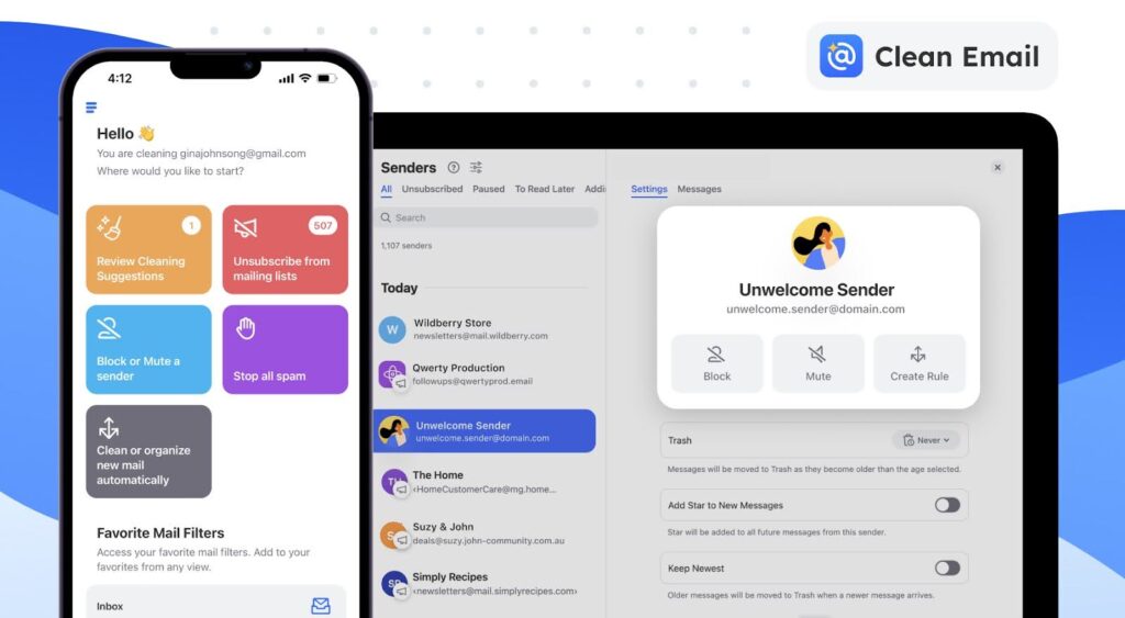 Startpagina van Clean Email