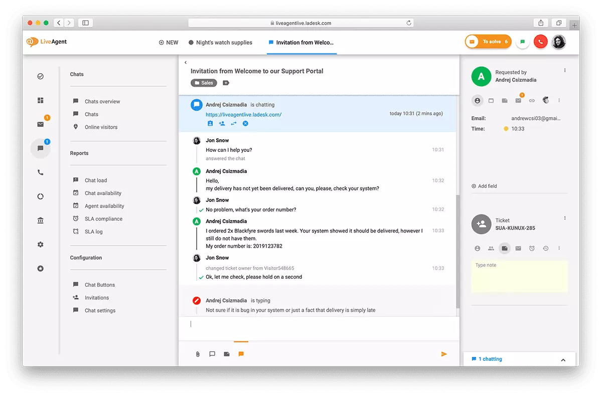 Overzicht van de live chat-interface in LiveAgent.