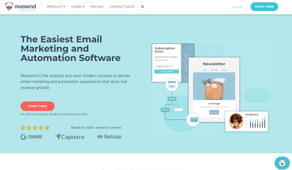 Startpagina van Moosend, e-mailmarketing- en beheersoftware