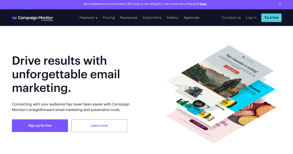 Startpagina van Campaign Monitor, efficiënt e-mailbeheer- en marketingsysteem