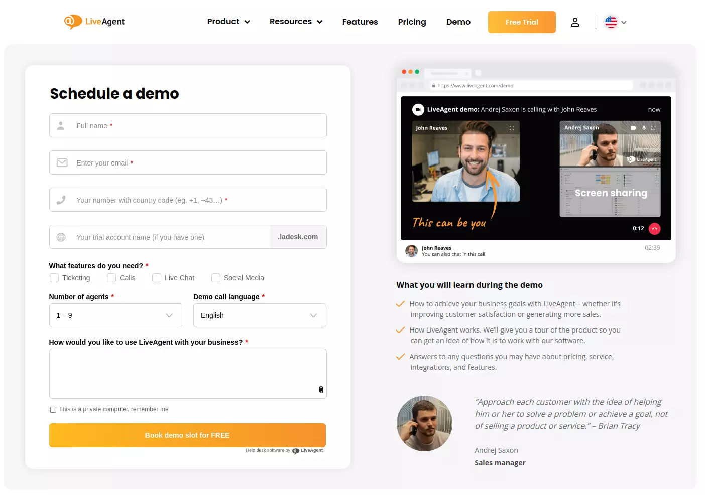 LiveAgent demo interface