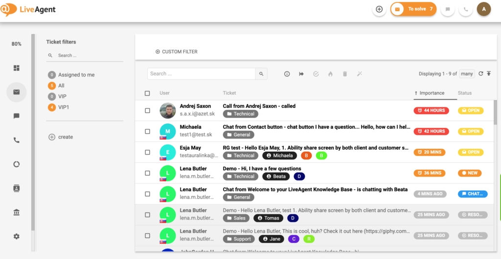 Overzicht van de ticketinginterface in LiveAgent.
