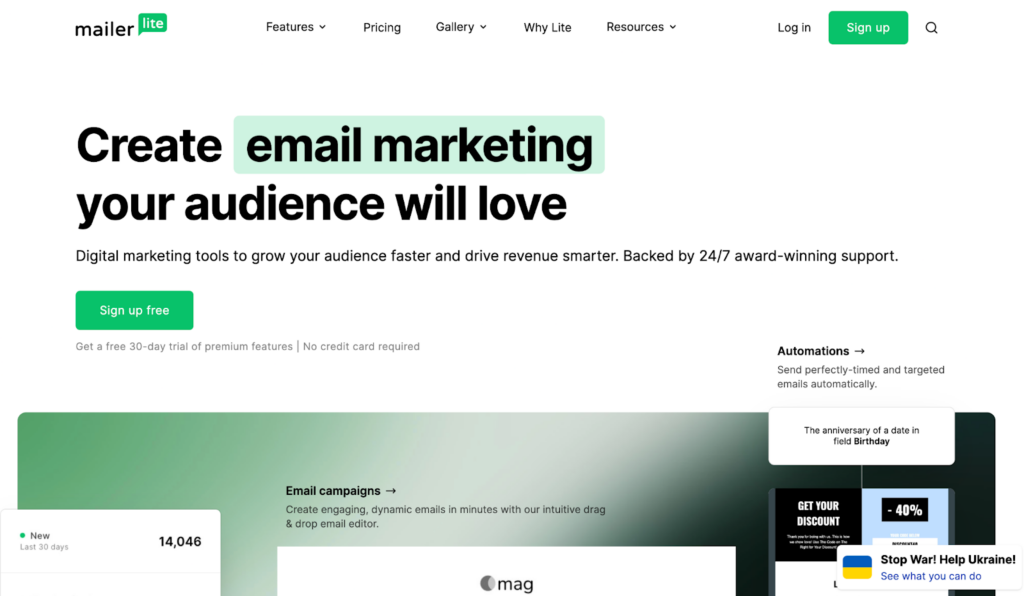 Startpagina van Mailerlite, een gebruiksvriendelijk e-mailbeheersysteem