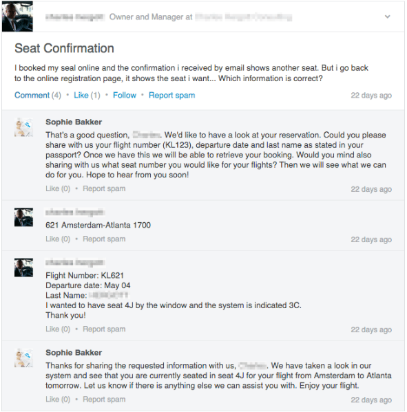 KLM Airlines' antwoord op klantvraag op LinkedIn