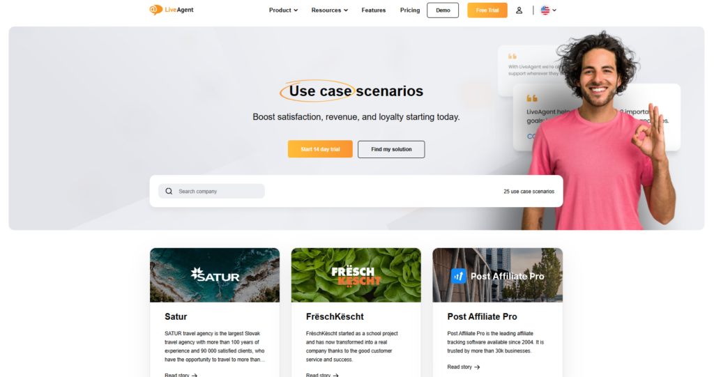 Screenshot van de website van LiveAgent waar ze succesverhalen van hun klanten delen