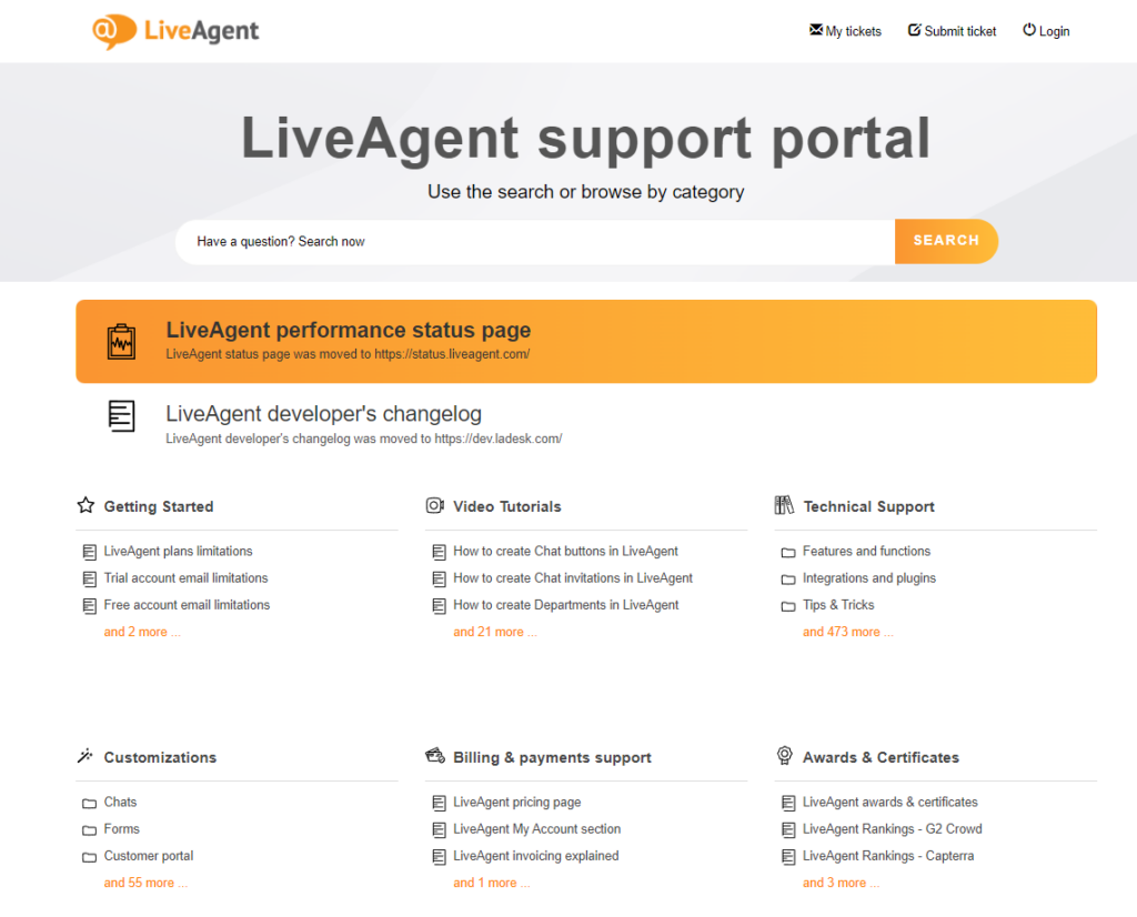 Screenshot met technische ondersteuningscategorie uit LiveAgent's kennisbank