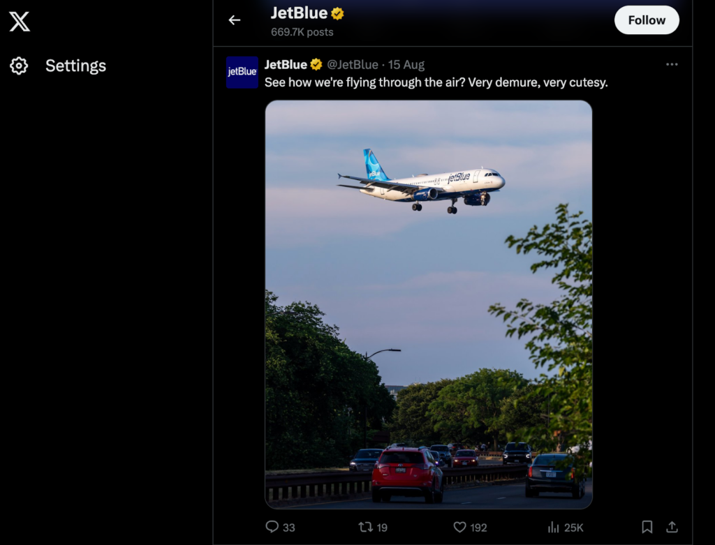 Screenshot van een van JetBlue's social media-berichten met verwijzing naar een recent viral phrase