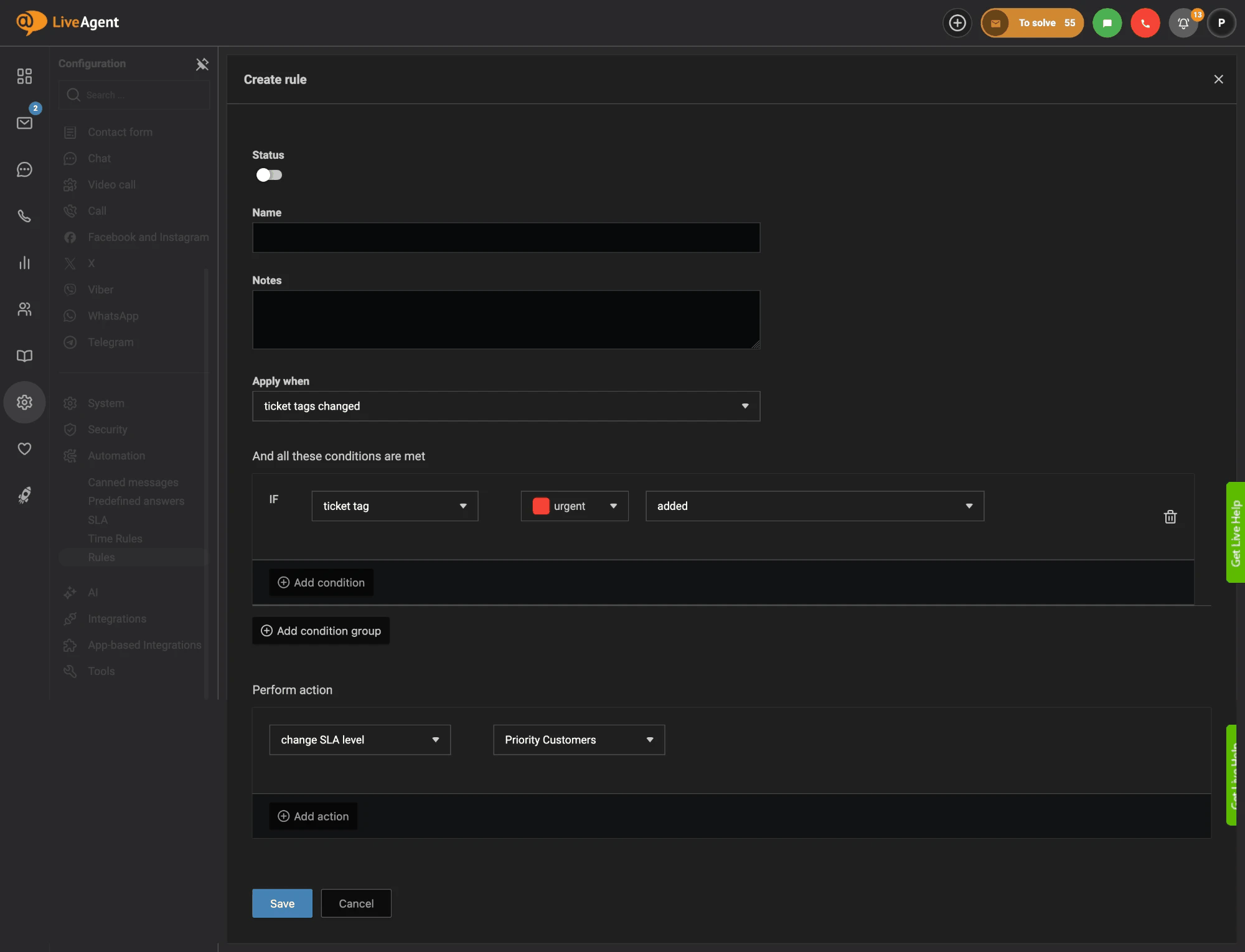 LiveAgent-regel die het SLA-niveau wijzigt naar Prioriteitsklanten wanneer de tag urgent aan een ticket wordt toegevoegd