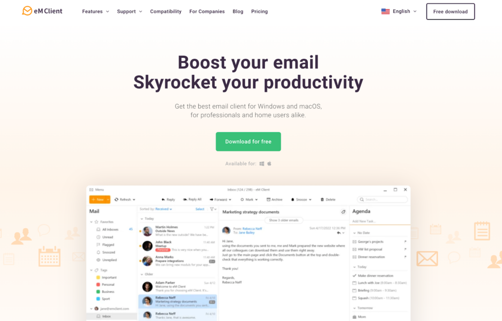 eM Client-startpagina