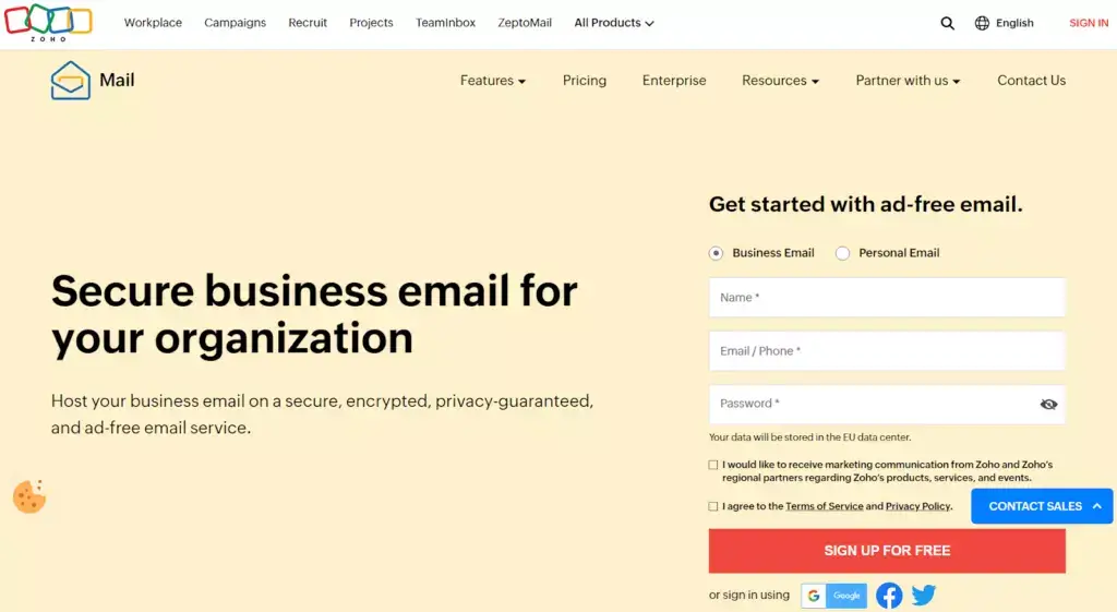 Startpagina van Zoho Mail, goede e-mailbeheersoftware voor bedrijven