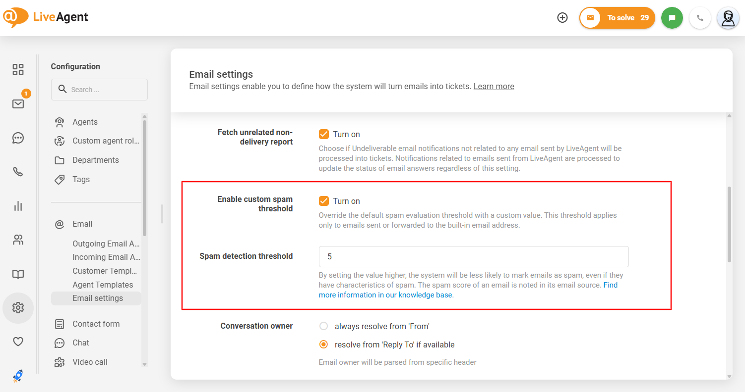 De interface van aanpasbare spamdrempel van LiveAgent