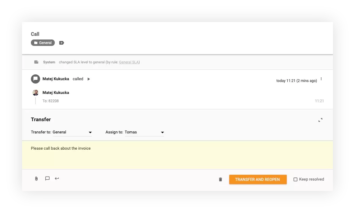 Screenshot toont hoe u oproepen in LiveAgent naar andere afdelingen en agenten kunt overdragen