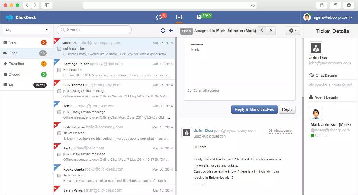 ClickDesk dashboard en live chat