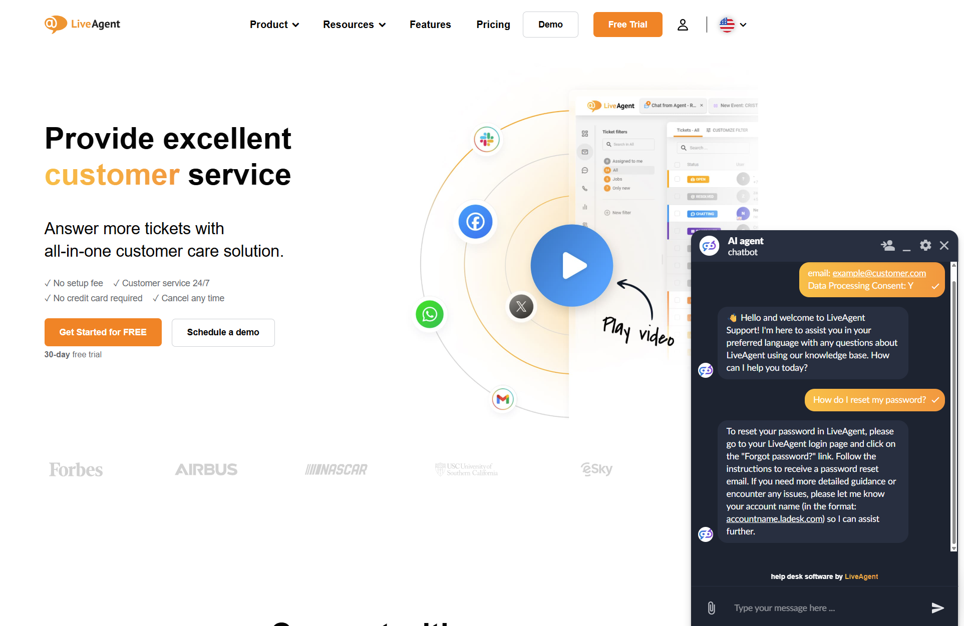 LiveAgent AI-chatbot chatgesprek op LiveAgent-pagina