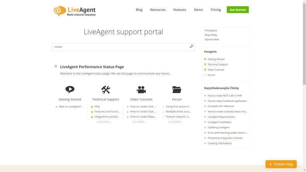 LiveAgent's ondersteuningsportaal. Een goed voorbeeld van een gemakkelijk doorzoekbare kennisbasis.