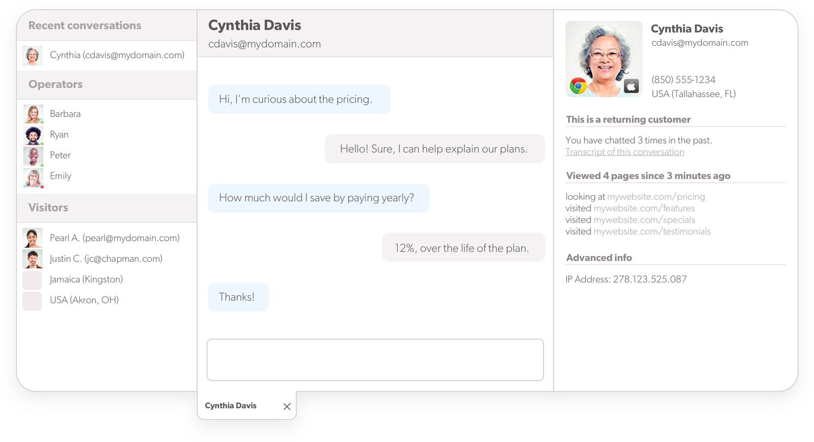 Agent zicht op lopende live chat Olark live chat software