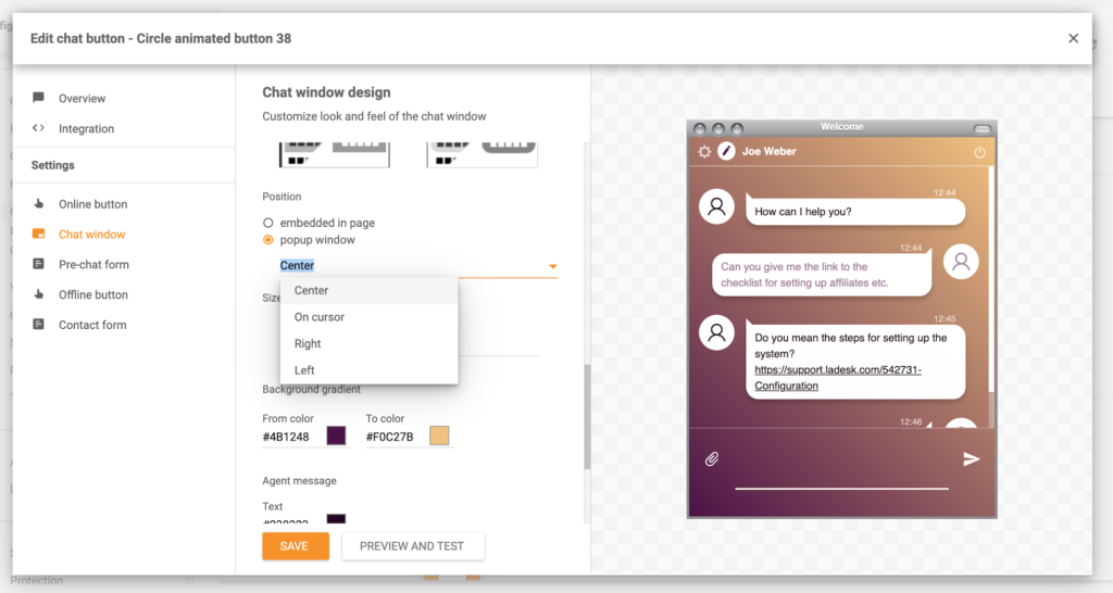 Pop-up window functie LiveAgent