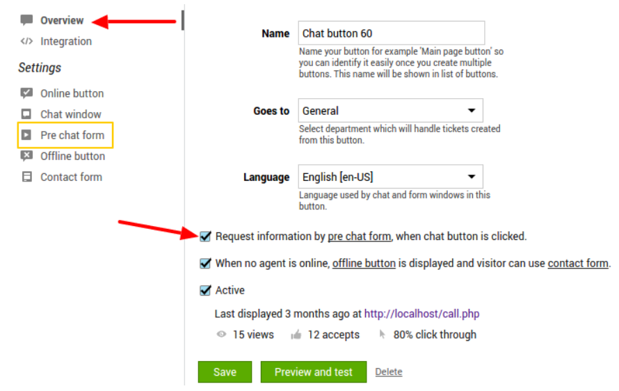Afbeelding met de instellingen van pre-chat in LiveAgent live chatsoftware.