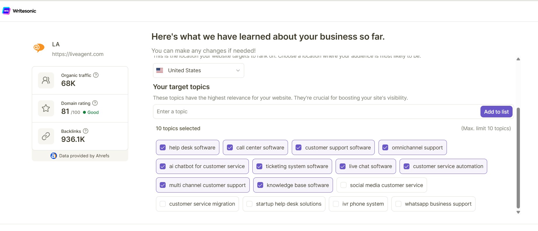 Writesonic AI website SEO audit overzicht