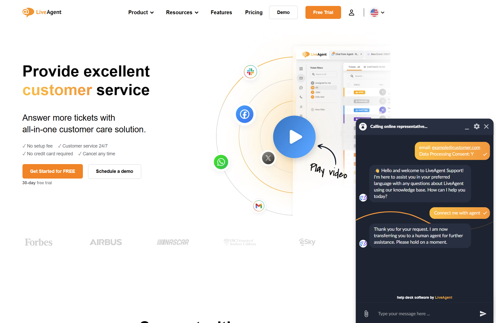 LiveAgent AI Chatbot-gesprek met een bot op LiveAgent-webpagina