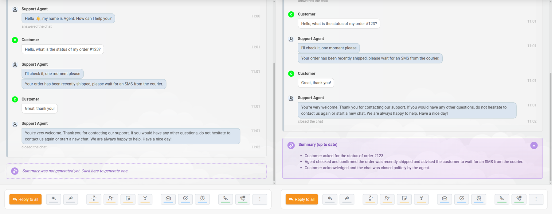 LiveAgent AI-ticketsamenvatting gegenereerd voor een chatgesprek