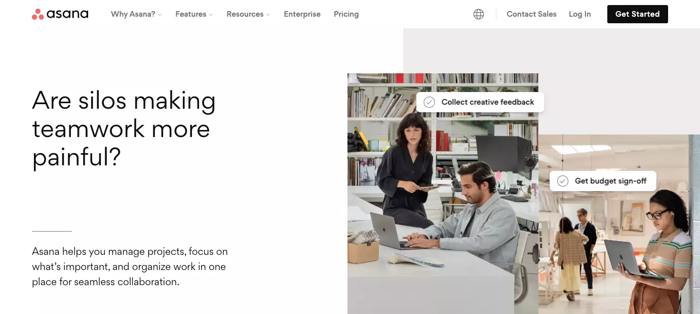 Asana's startpagina - verbeter de efficiëntie in uw organisatie door teamsamenwerkingverbeteren te verbeteren, werk in te delen en transparantie te handhaven.