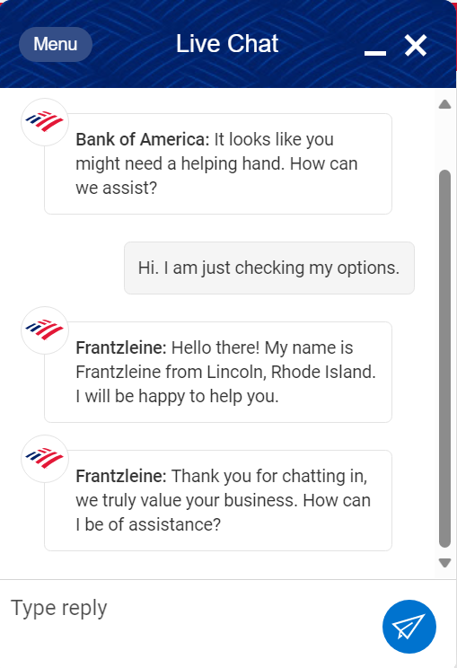 Voorbeeld van Bank of America live chat