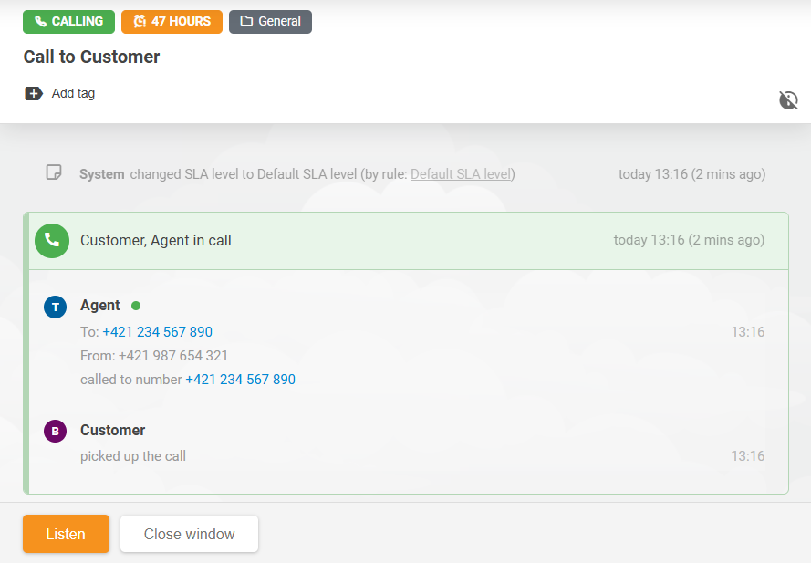 LiveAgent Call Listening-functie-interface met agenten die naar lopende gesprekken luisteren