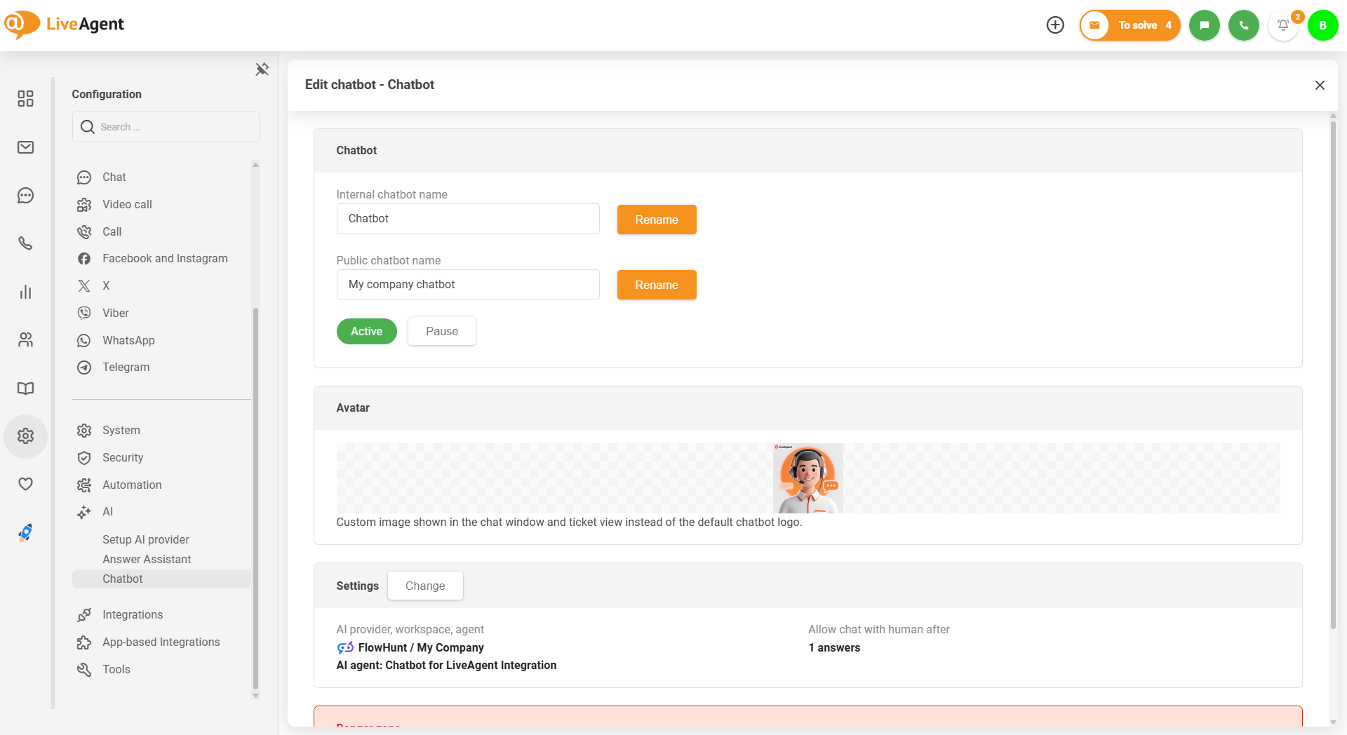 LiveAgent AI-chatbot met aangepaste avatar-afbeelding uploaden