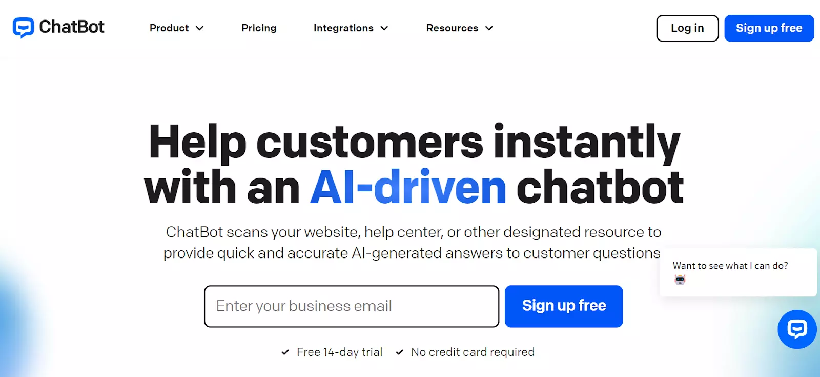 Screenshot of ChatBot home page - provide AI-generated answers with their powerful chatbot
