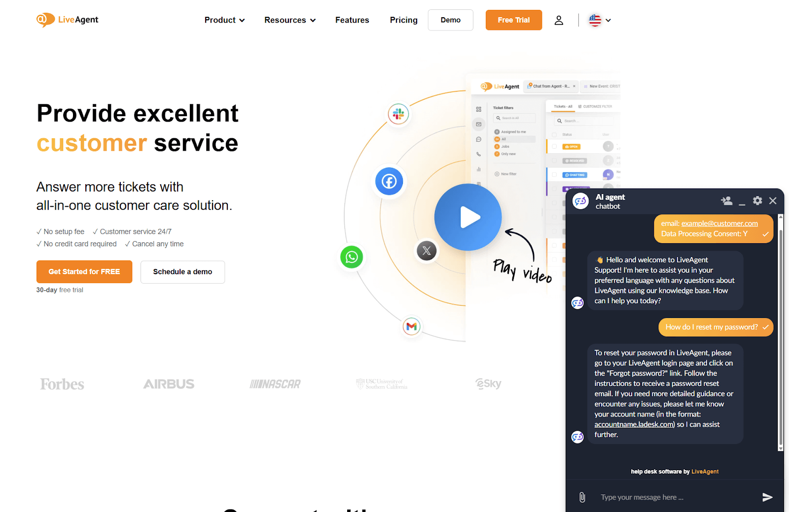 Schermafbeelding van klantenondersteuningsgesprek met LiveAgent AI Chatbot