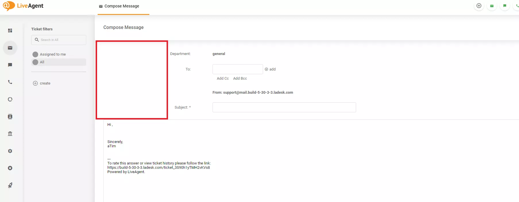 Een afbeelding met een ontwerpprobleem in het scherm Bericht opstellen in LiveAgent