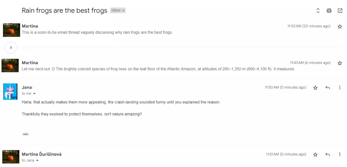 Een e-mailthread met meerdere berichten over hetzelfde onderwerp.