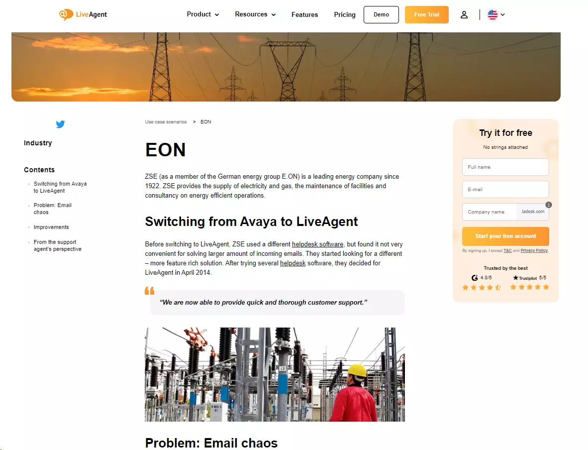 EON - een elektriciteitsbedrijf dat LiveAgent gebruikt om grote volumes klantverzoeken van één kanaal aan te pakken
