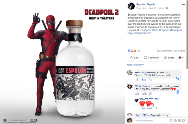 Aankondiging merkpartnerschap tussen tequilamerk en Deadpool 2-film op Facebook