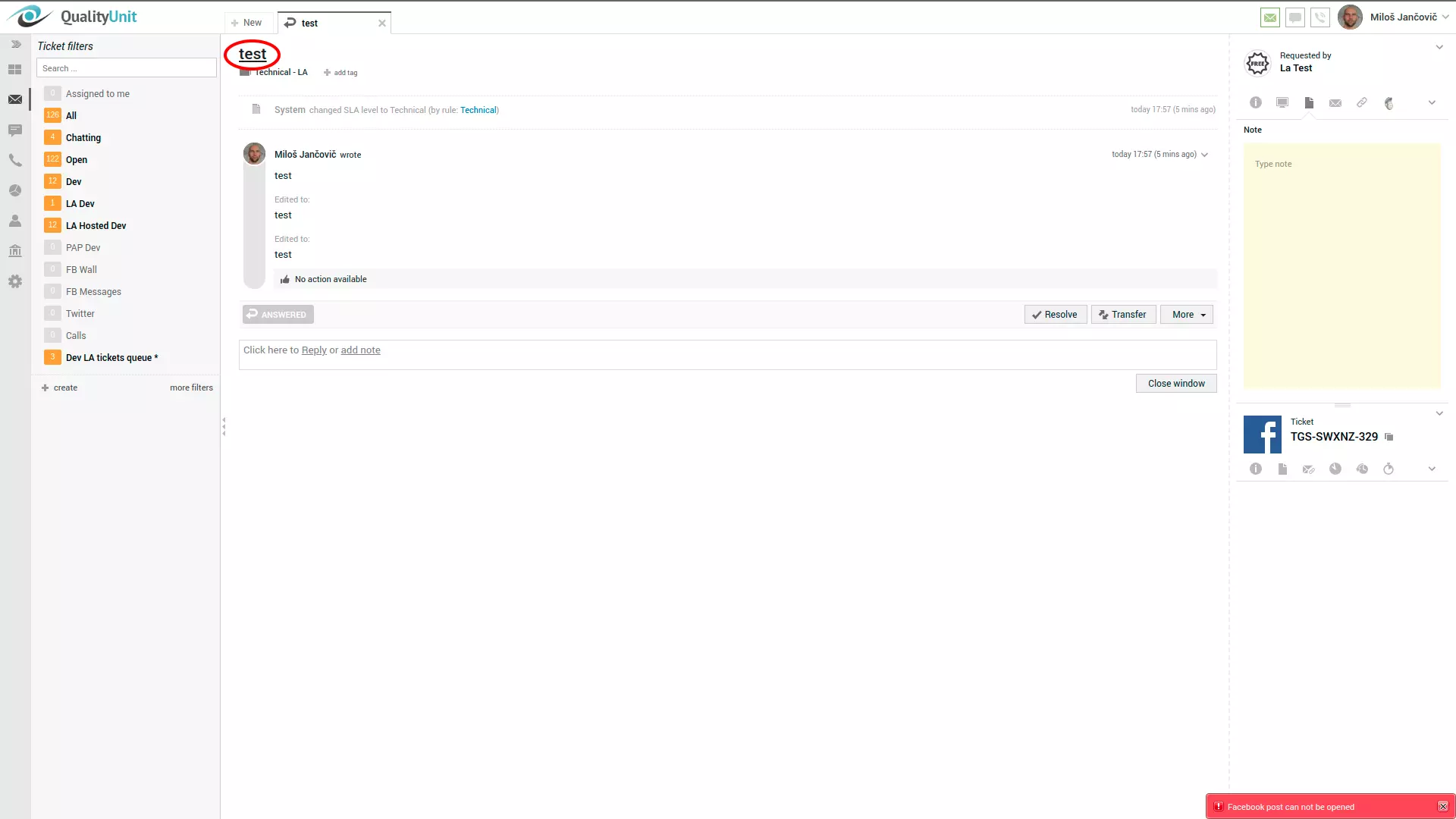 Facebook-postfout in de rechterhoek van de LiveAgent-gebruikersinterface
