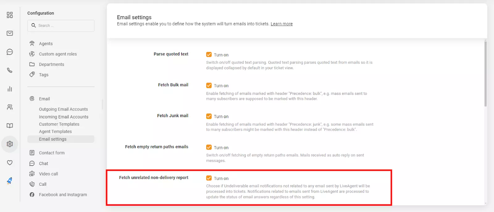 E-mailinstellingen in LiveAgent met de optie 'onverwante niet-bezorgingsrapport ophalen'