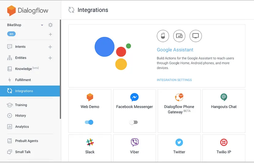 Dialogflow-interface met het gedeelte 'Integrations' en opties voor Google Assistant en diverse berichtplatforms zoals Facebook Messenger, Slack en Twitter.