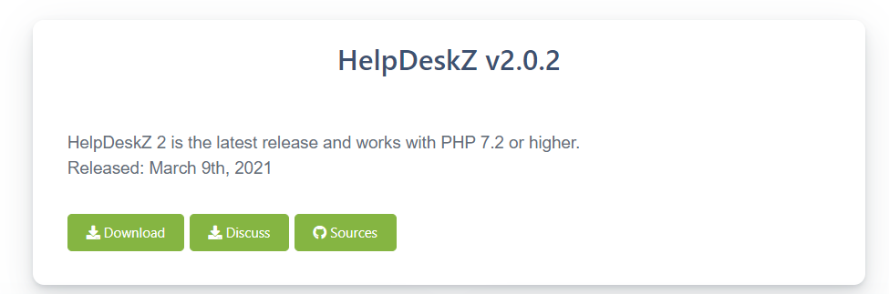 Een voorbeeld van de downloadpagina van een open source ticketingsysteem met de downloadknop, discussie en bronnen