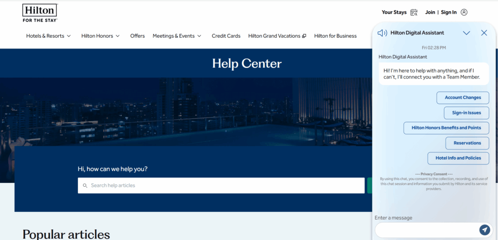 Digitale assistent van Hilton op de webpagina van Hilton