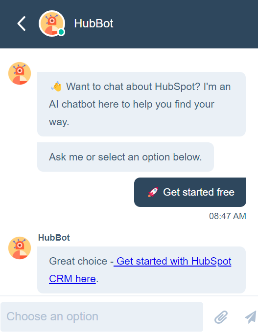 Image shows how a live chat conversation through HubSpot