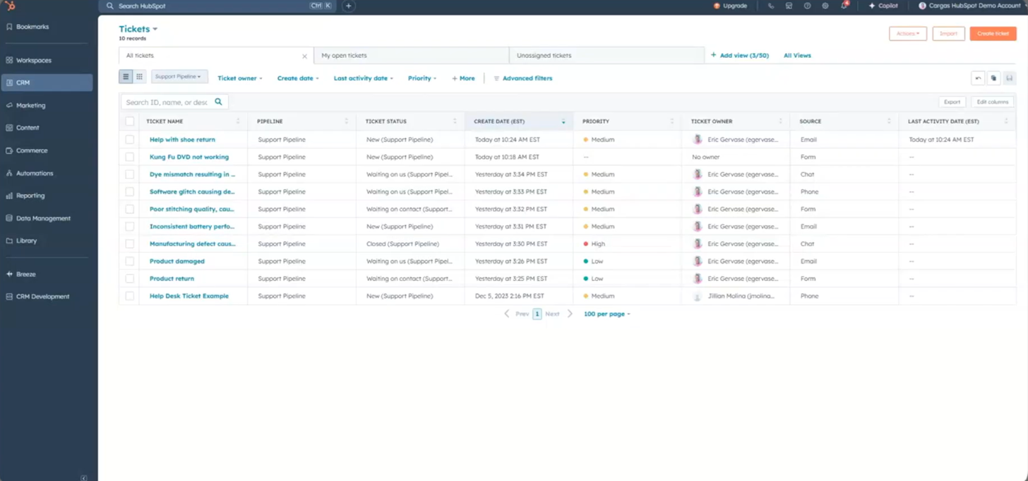 HubSpot Service Hub gratis abonnement - gedeelde inbox met klanttickets