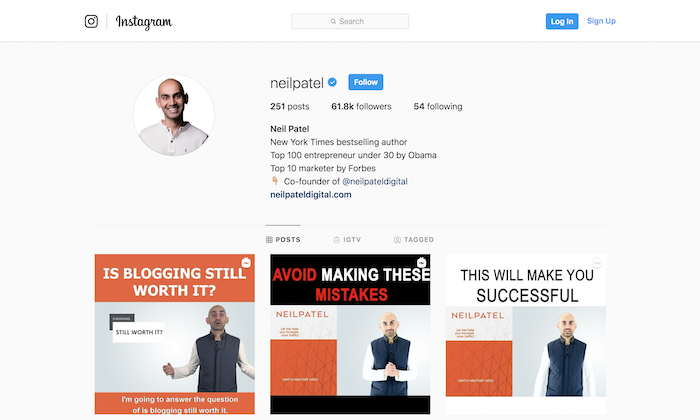 Neil Patel deelt digitale marketingexpertise op Instagram