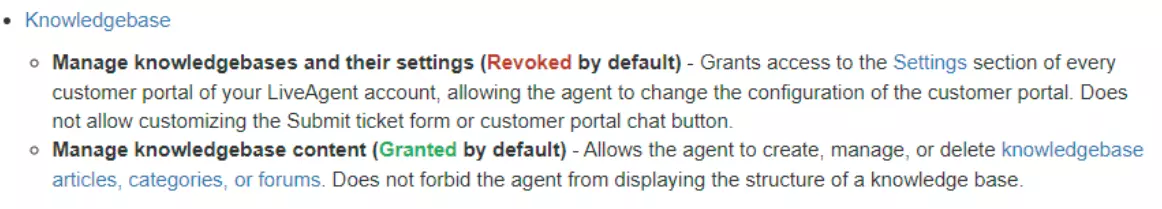 Afbeelding met voorbeelden van verschillende machtigingen die gebruikers kunnen hebben met betrekking tot hun kennisbank